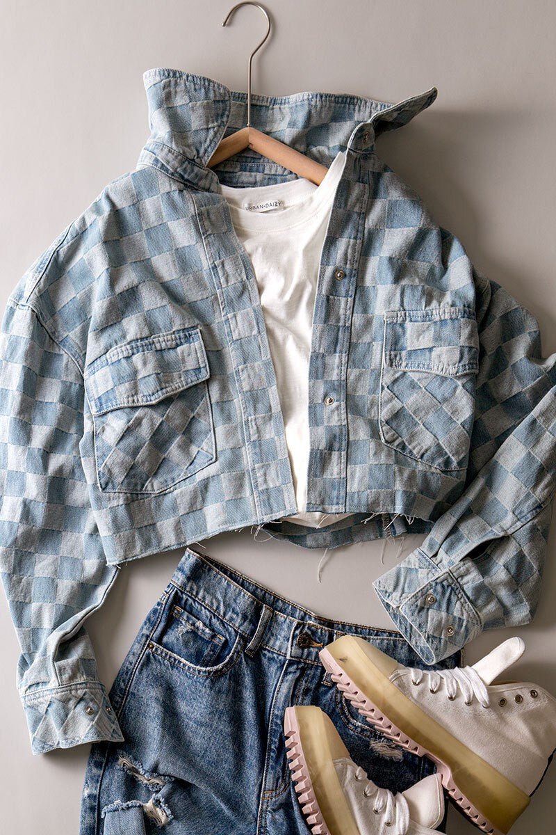 Checkerboard Print Denim Jacket v o g l i o