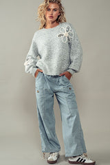 Flower Detail Textured Sweater (2 Color Ways)