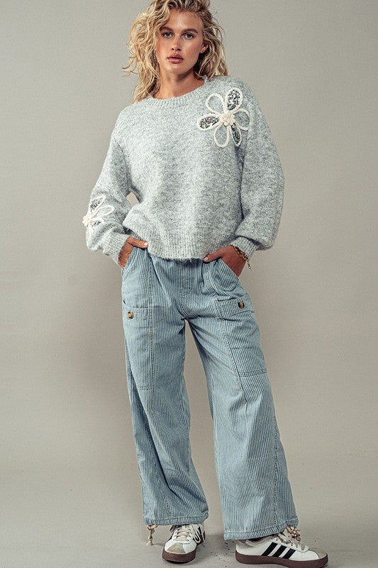 Flower Detail Textured Sweater (2 Color Ways)