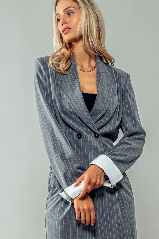 Cropped Pinstriped Double-Breasted Blazer