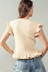 Ruffled Edges Rib Knit Top (Beige, Black)