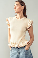 Ruffled Edges Rib Knit Top (Beige, Black)