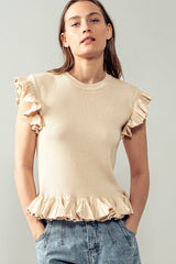 Ruffled Edges Rib Knit Top (Beige, Black)