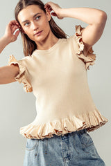 Ruffled Edges Rib Knit Top (Beige, Black)