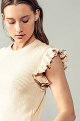 Ruffled Edges Rib Knit Top (Beige, Black)