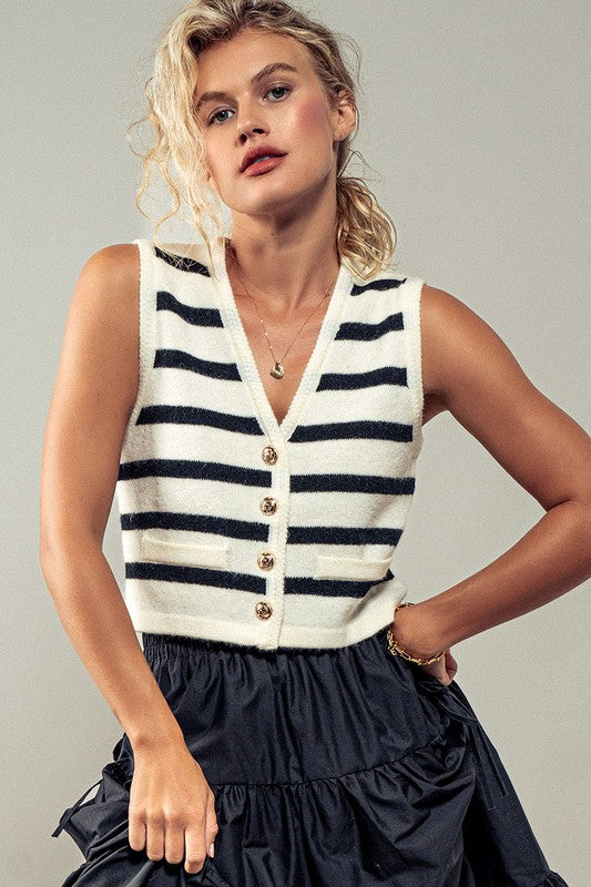 Cream & Black Knit Striped Vest