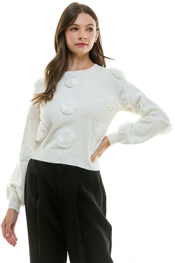 Flower Applique Sweater (Light Mocha & White)