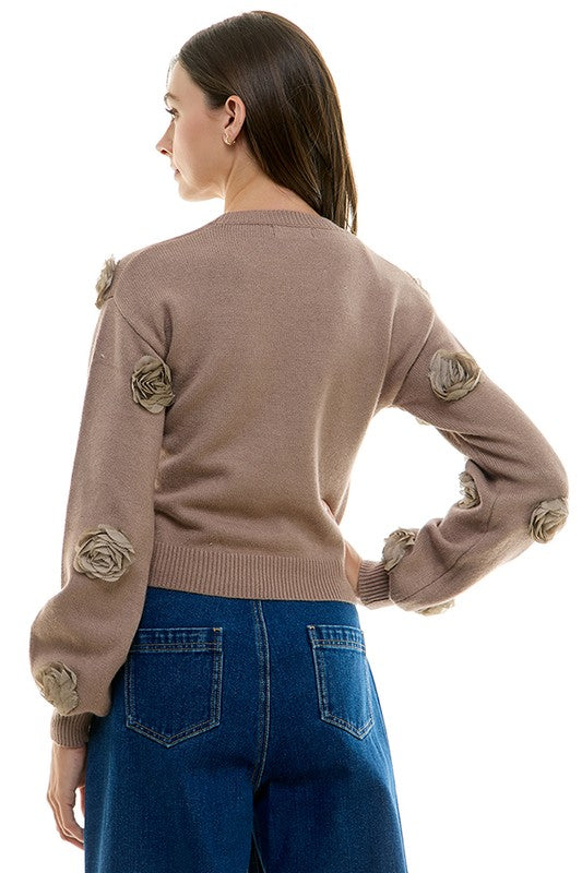 Flower Applique Sweater (Light Mocha & White)