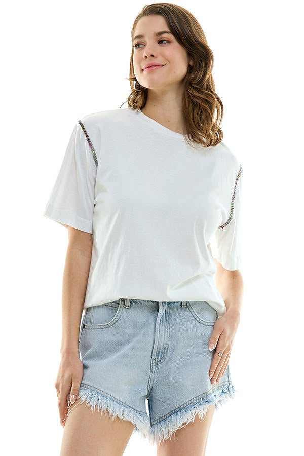 Elegant Jewel-Trimmed White T-Shirt