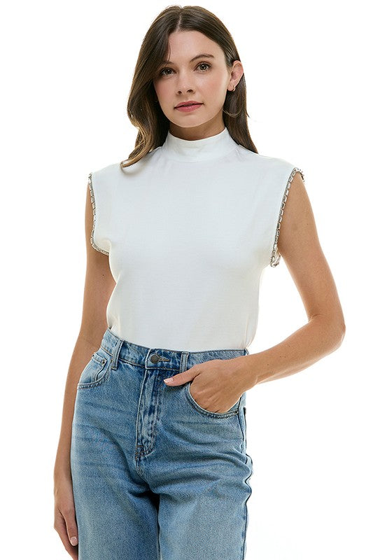 Sleek Sleeveless Turtleneck Tee With Silver Trim