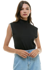 Sleek Sleeveless Turtleneck Tee With Silver Trim