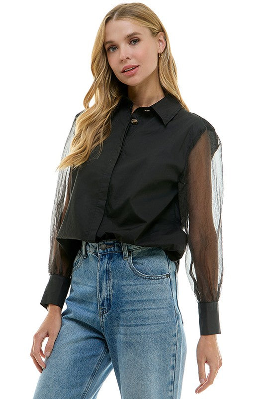 Elegant Button-Down Collared Top with Sheer Sleeves