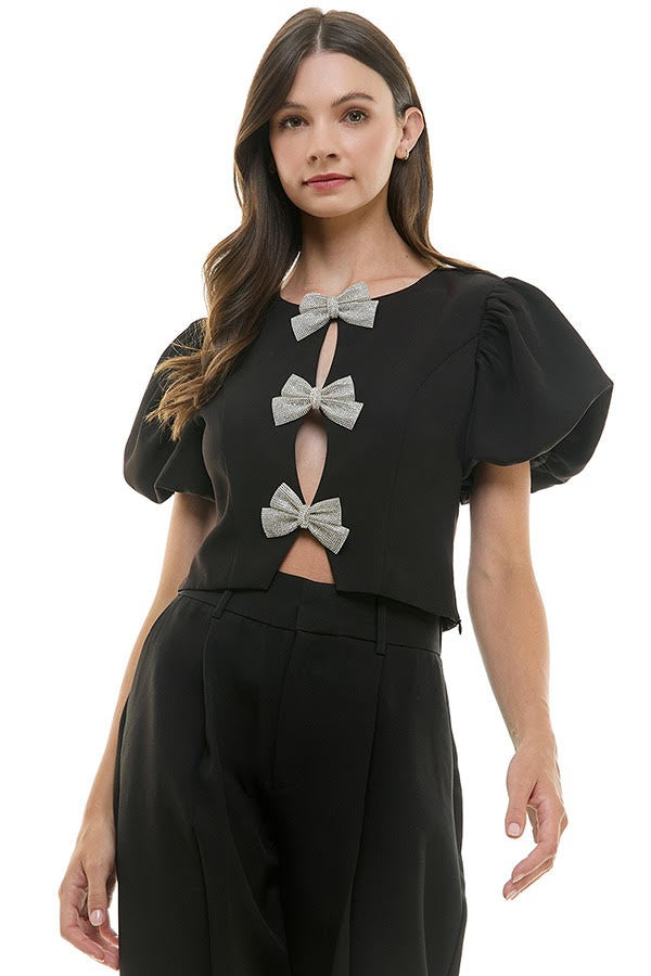 Chic Puff Sleeve Top With Jeweled Bow Closure (3 Color Ways)