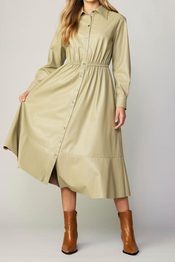 Pu Material Shirt Dress With Elastic Waist