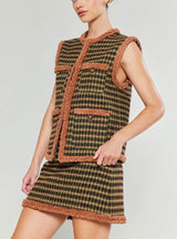 Houndstooth Vest With Fur Trim Detail