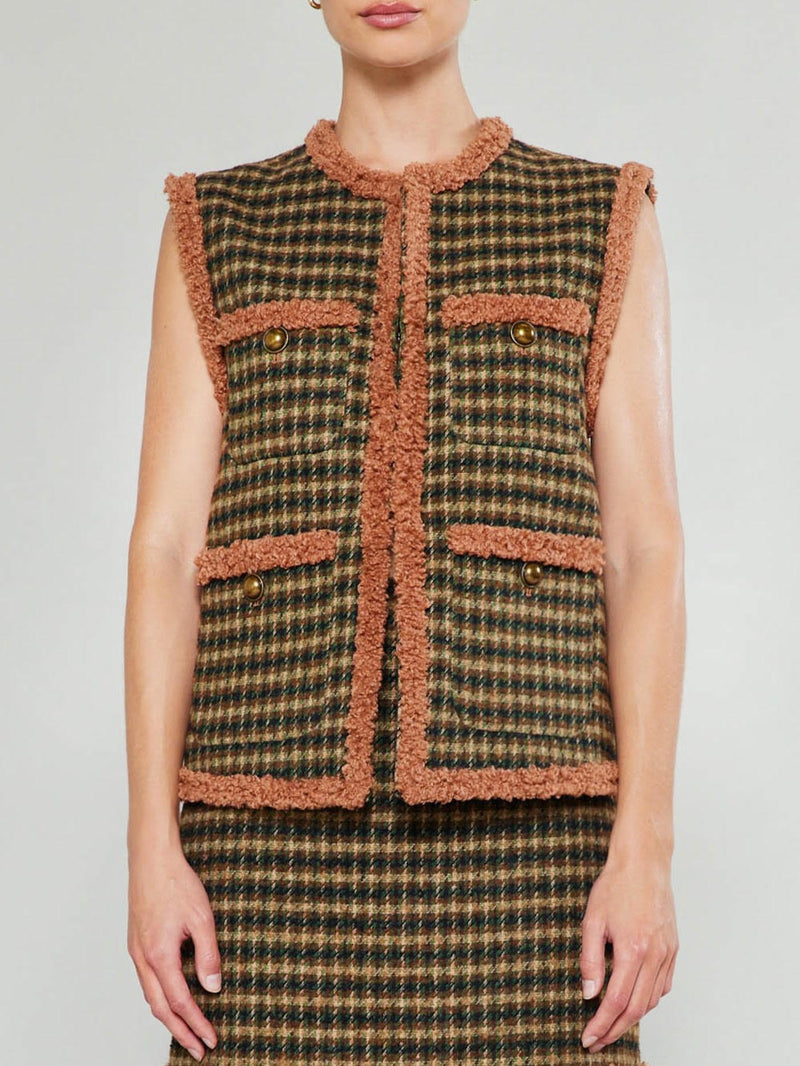 Houndstooth Vest With Fur Trim Detail