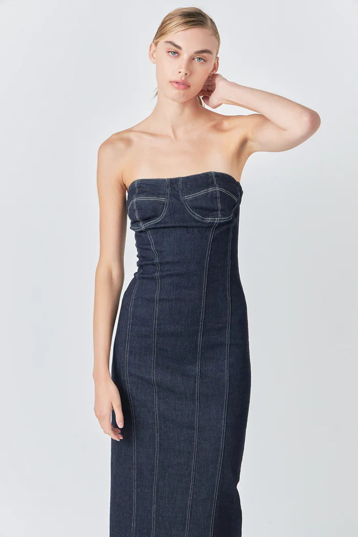 Strapless Denim Midi Dress