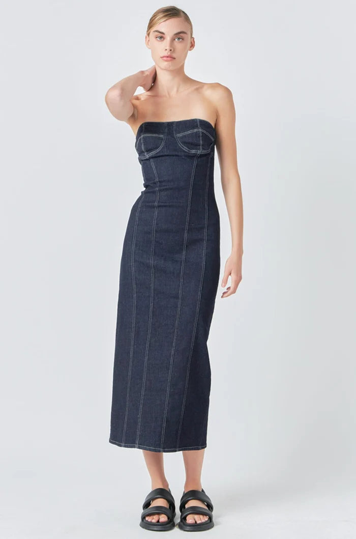 Strapless Denim Midi Dress