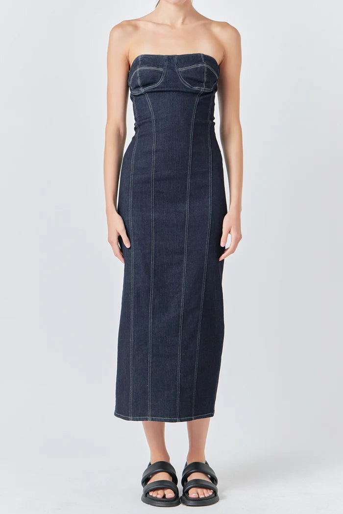 Strapless Denim Midi Dress