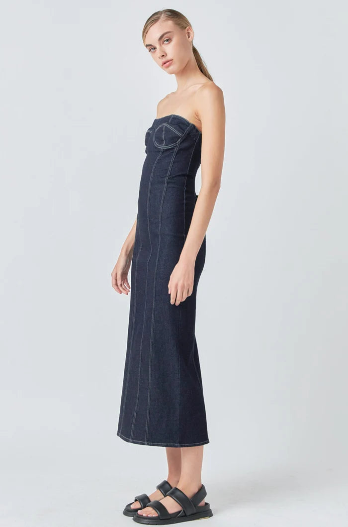 Strapless Denim Midi Dress