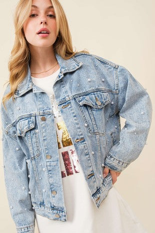 Fully Pearls Trim Denim Jacket