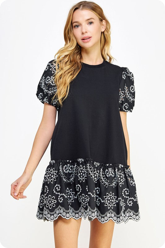 Embroidered Contrast Knit Dress