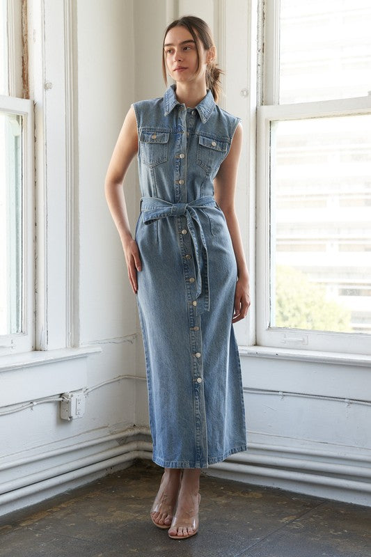 Washed Denim Collared Midi Dress