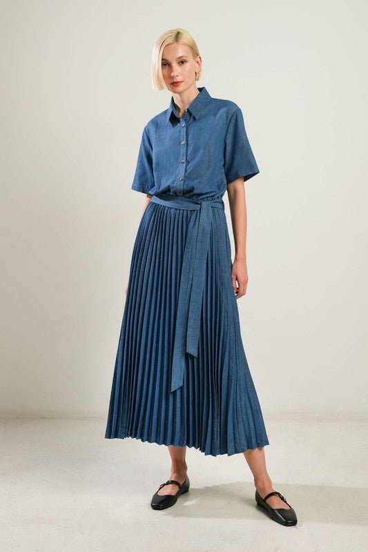 Pleated Skirt Woven Midi Dress