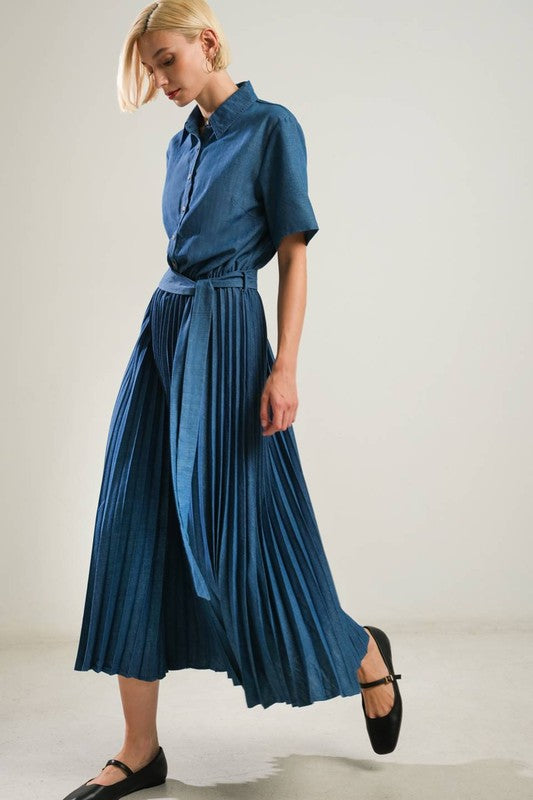 Pleated Skirt Woven Midi Dress