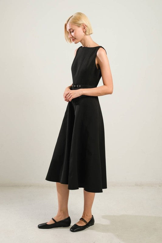 Boat Neck Solid Midi Dress