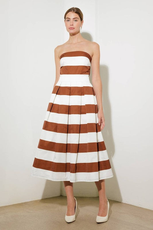 Solid Woven Striped Midi Dress