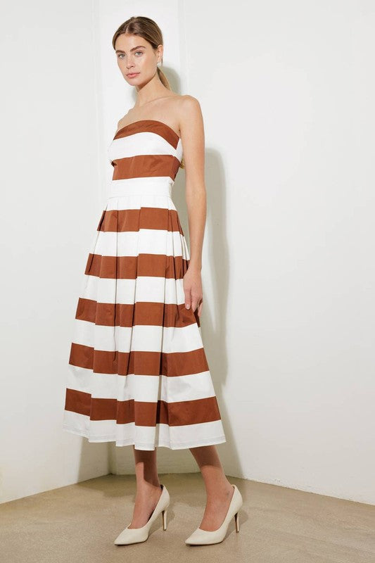 Solid Woven Striped Midi Dress