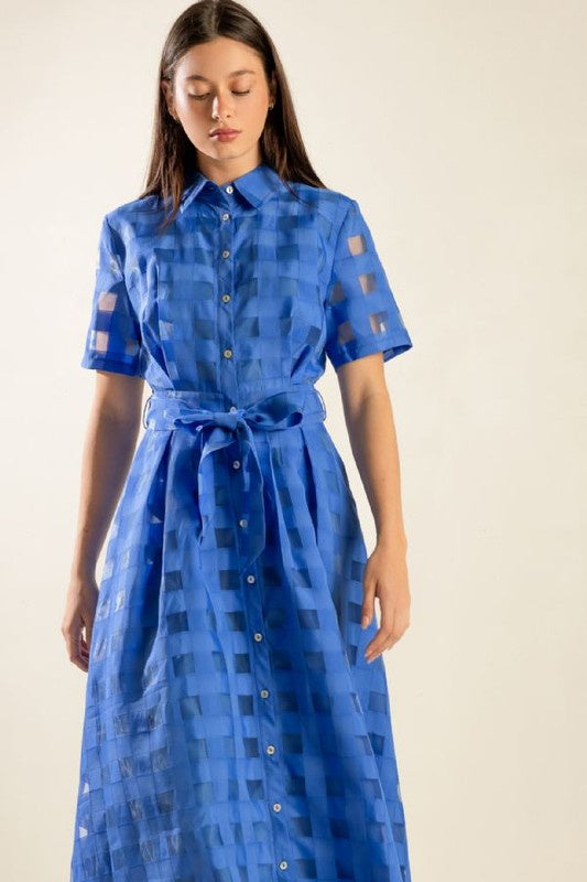 Shirt Collar Blue Woven Midi Dress