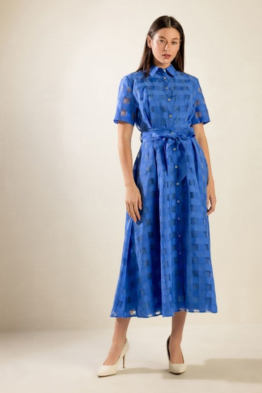 Shirt Collar Blue Woven Midi Dress