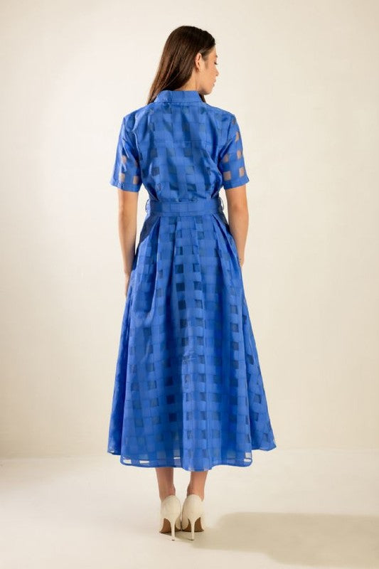 Shirt Collar Blue Woven Midi Dress