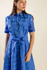 Shirt Collar Blue Woven Midi Dress