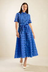 Shirt Collar Blue Woven Midi Dress