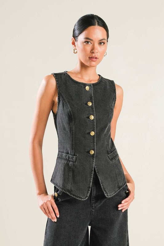 Black Washed Denim Vest