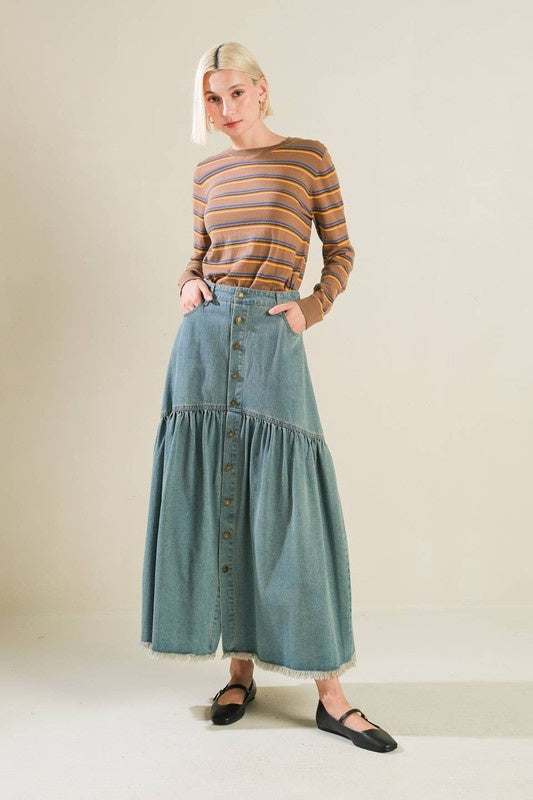 Washed Denim Chic Midi Skirt