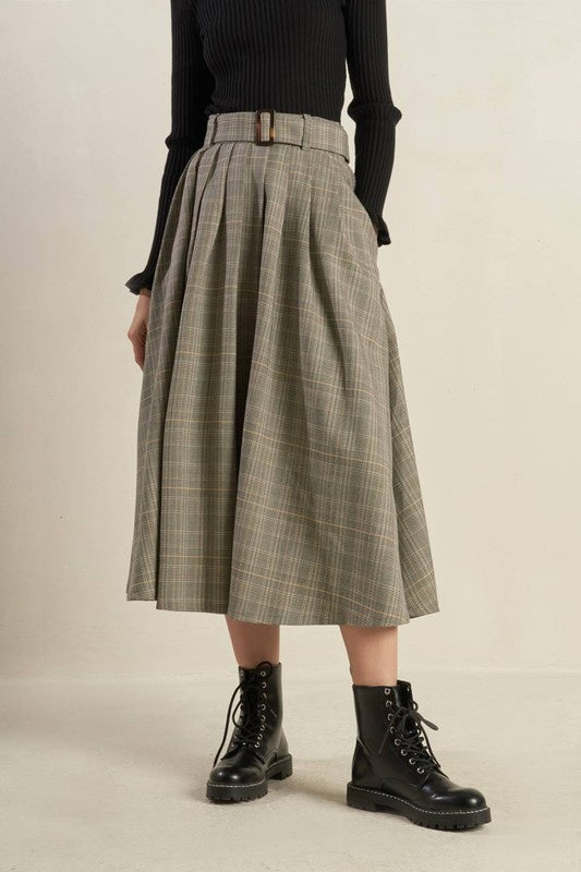 Belted Plaid Woven Skirt