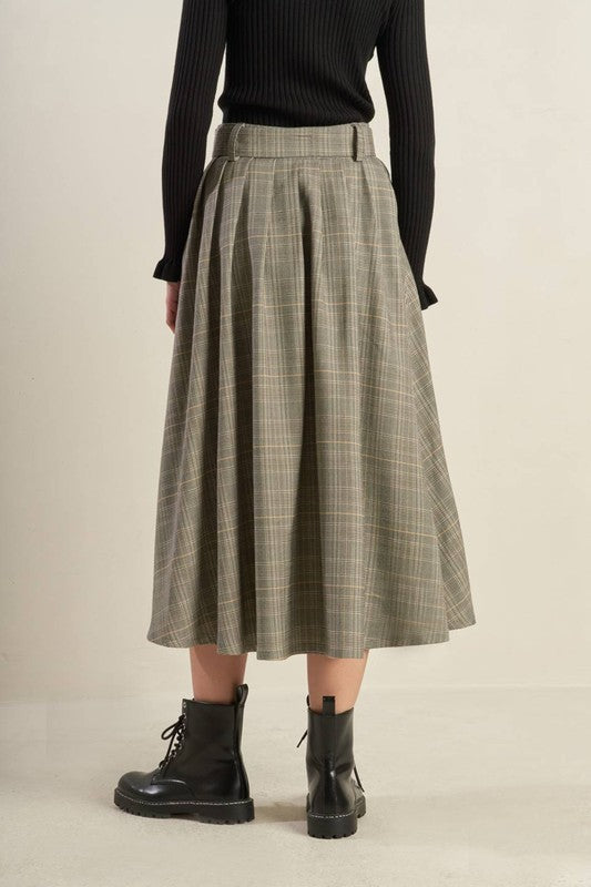 Belted Plaid Woven Skirt