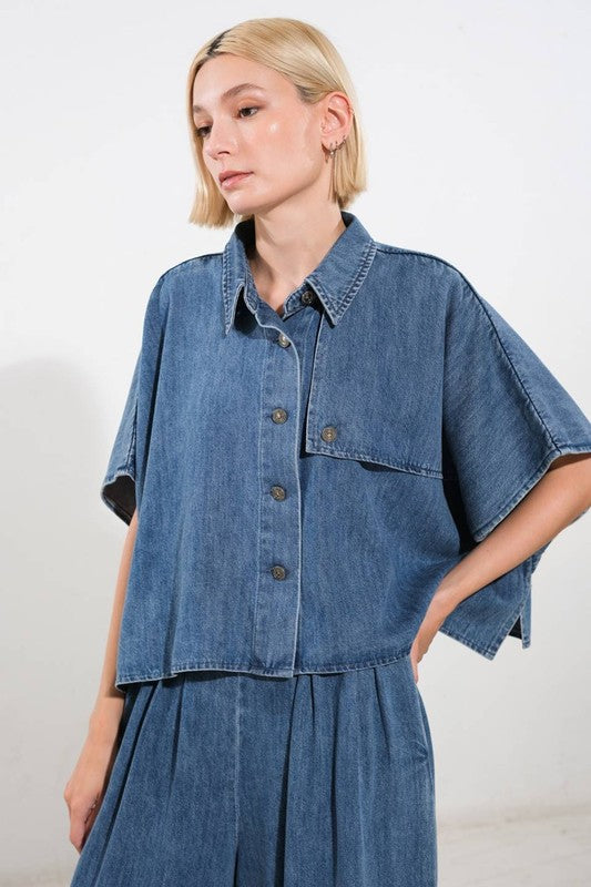 Collared Washed Denim Top