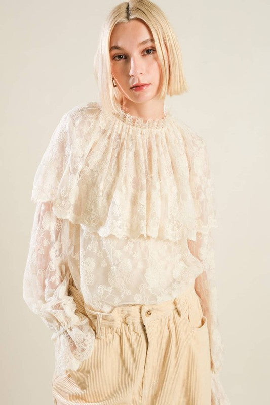 Cream Long Sleeve Lace Blouse