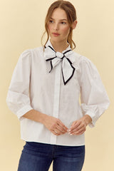 Sold Ribbon-Tie Neck 3/4 Sleeves Top (Up to XL)