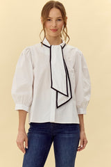 Sold Ribbon-Tie Neck 3/4 Sleeves Top (Up to XL)