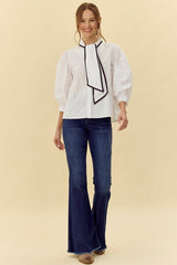 Sold Ribbon-Tie Neck 3/4 Sleeves Top (Up to XL)