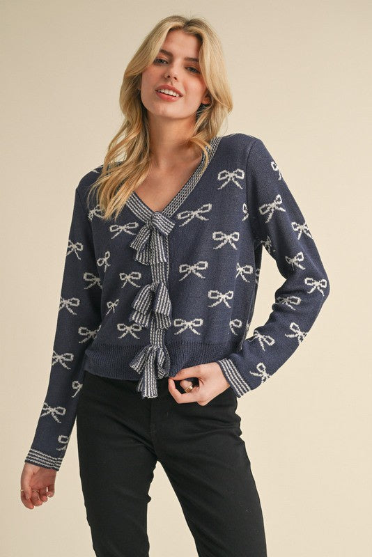 Bow Print Knit Cardigan (Up to XL)