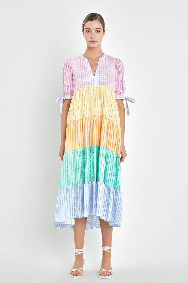 Grid Fabric Multi-Color Tiered Dress