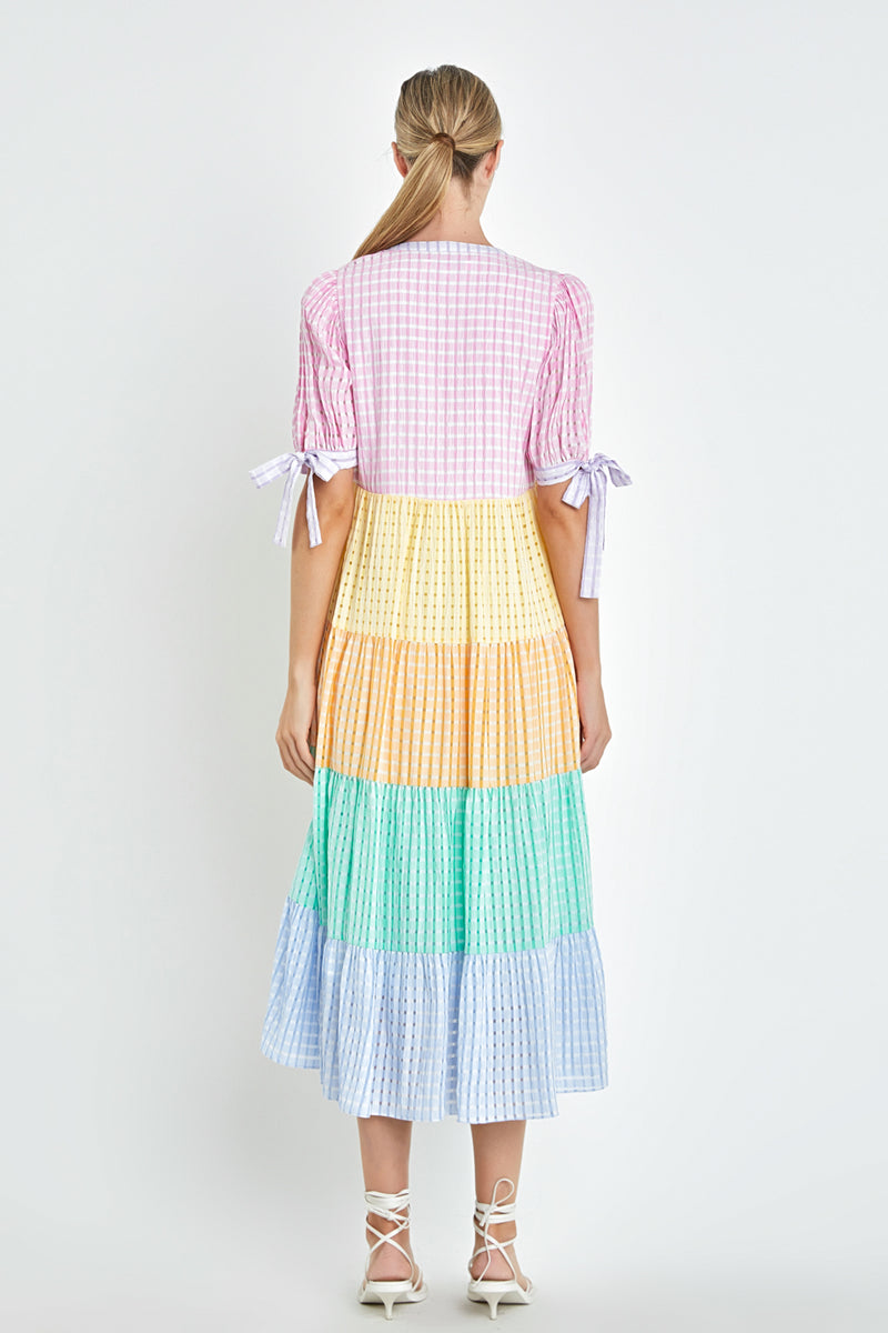 Grid Fabric Multi-Color Tiered Dress