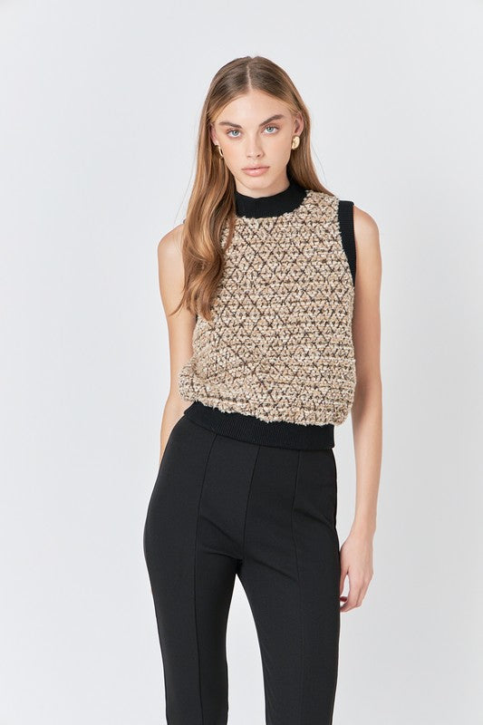 Brown Multi Sequins Tweed Vest